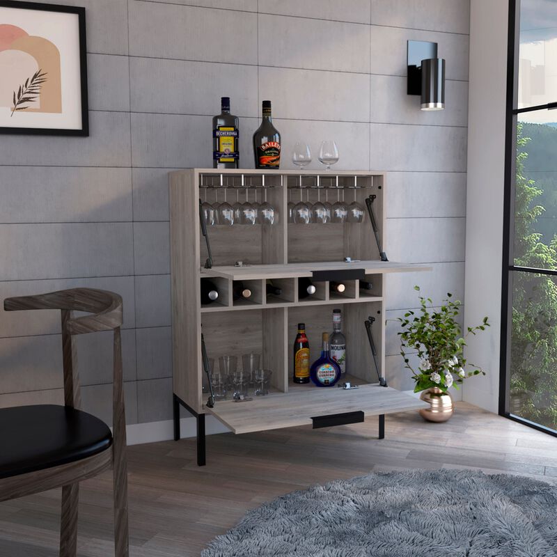 Lyrata Bar Cabinet,  Six Built-in Wine Rack, Double Door -Light Gray