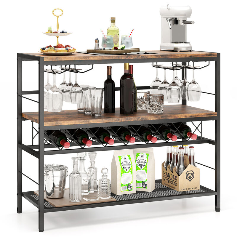 4-Tier Bar Table with Wine Rack and 4 Rows of Glass Holders