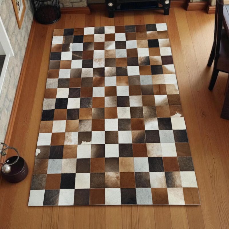 Brown White Cowhide Patchwork Rug image number 3
