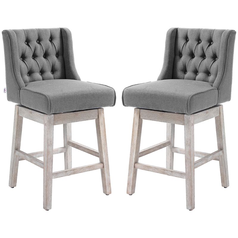 Gray Swivel Bar Stools: Set of 2, 27" Counter Height, Linen, Button Tufted