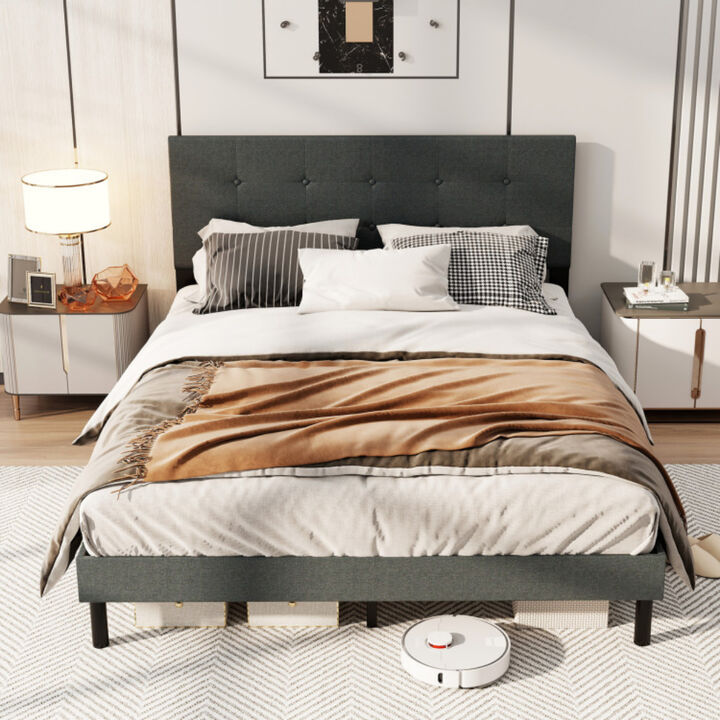 Platform Bed Frame with Linen Upholstery for Comfort and Style-Dark Grey