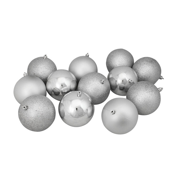 12ct Shatterproof 4-Finish Silver Splendor Christmas Ball Ornaments 4" (100mm)