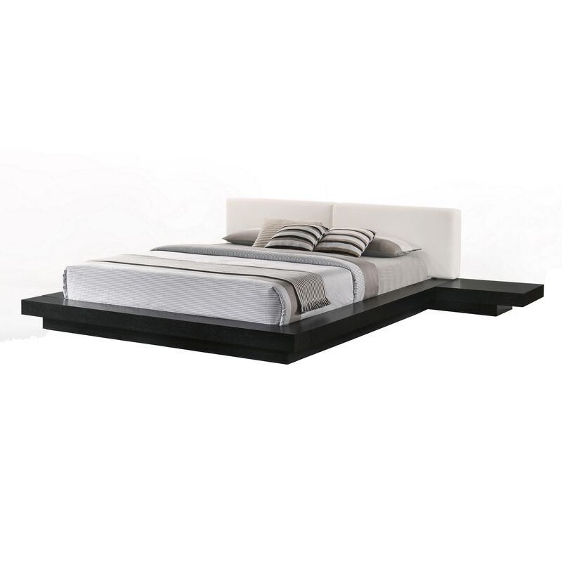 Nia Queen Size Bed, White Faux Leather, Black Low Profile Platform Bed - Benzara