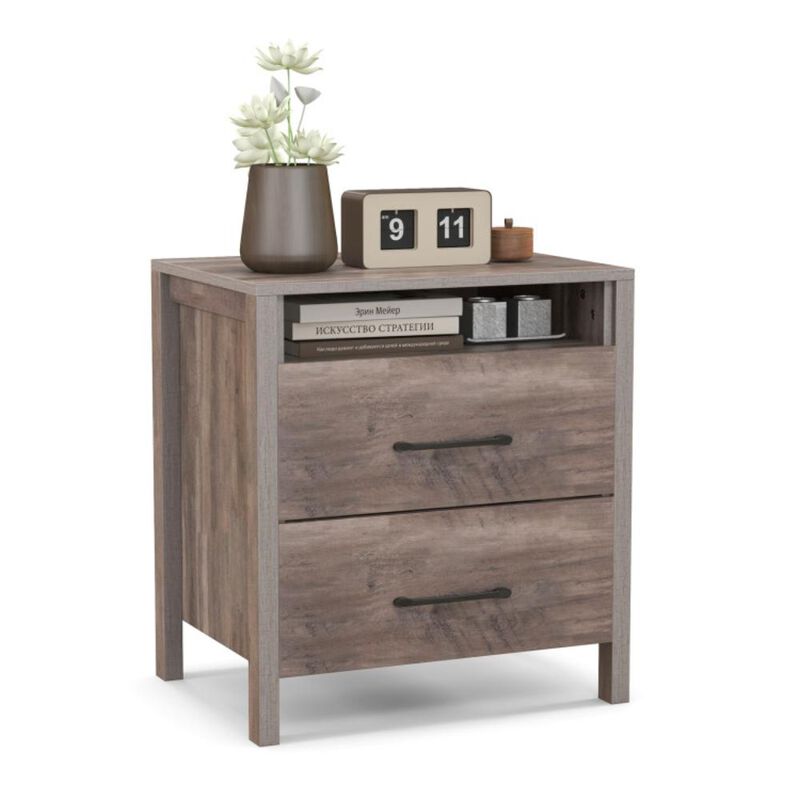 Hivvago Nightstand with 2 Drawers Farmhouse Bed Side Table with Open Storage Shelf