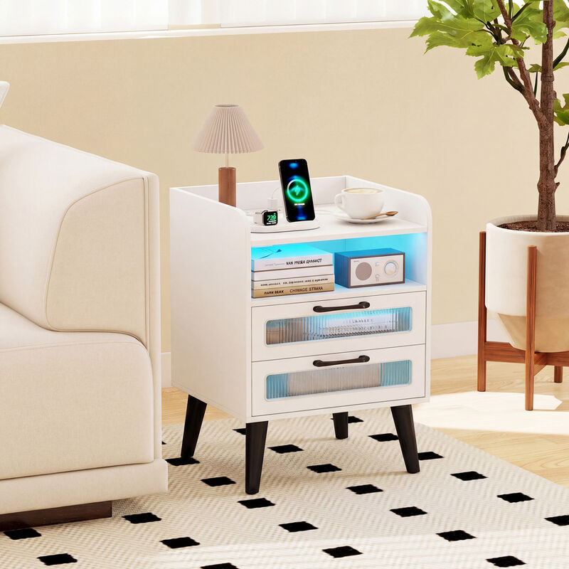 Modern Nightstand with LED Lights, Charging Station and Storage Drawer image number 1