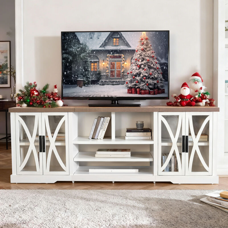 93" Farmhouse White TV Stand with Open Storage Shelves and Cabinets Media Console for TVs up to 85"