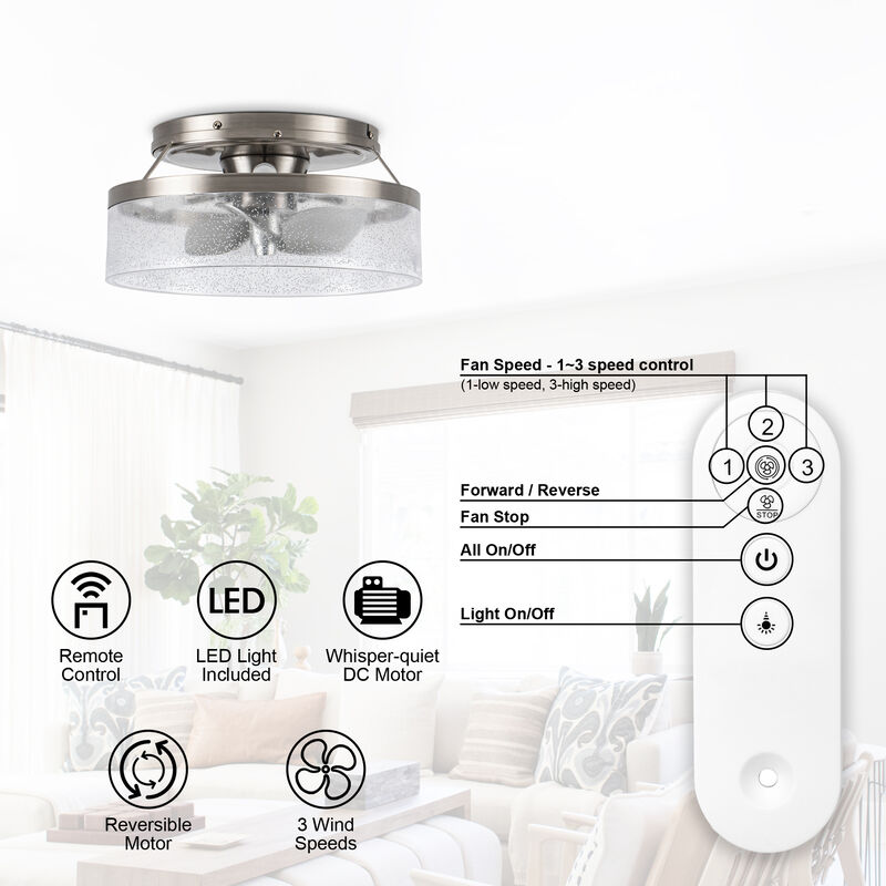 12.6" Small Satin Nickel Flush Mount Ceiling Fan with Light