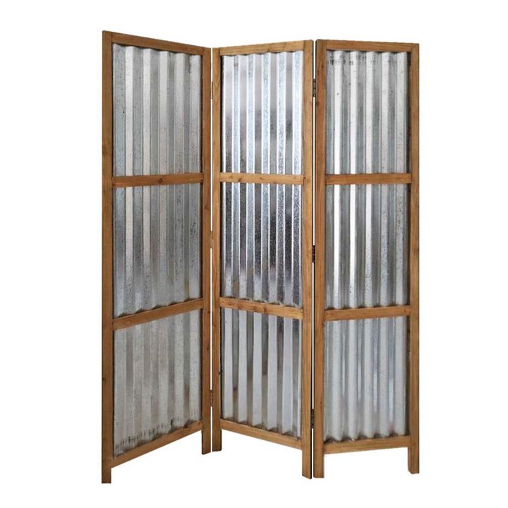 Industrial 3 Panel Foldable Screen with Corrugated Design,Silver and Brown-Benzara