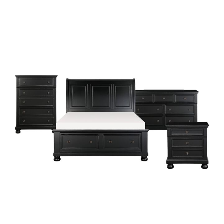 Queen Size Bedroom Set, Traditional Carved Wood Design, Black Finish, 4-Piece Set with Bed, Nightstands and Dresser