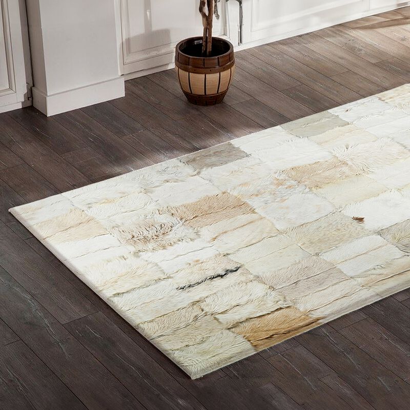 White Beige Patchwork Plush Rug - Soft Handmade Shaggy Carpet image number 2