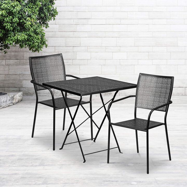 Flash Furniture Oia Commercial Grade 28" Square Black Indoor-Outdoor Steel Folding Patio Table Set with 2 Square Back Chairs