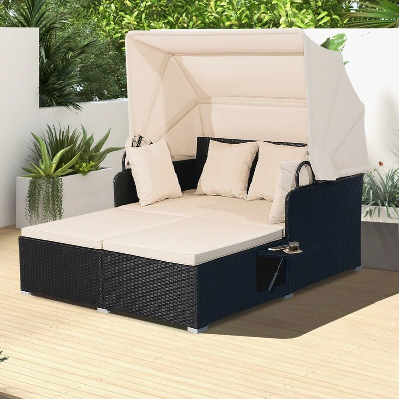 Mondawe Patio Rattan Daybed with Retractable Canopy and Side Tables