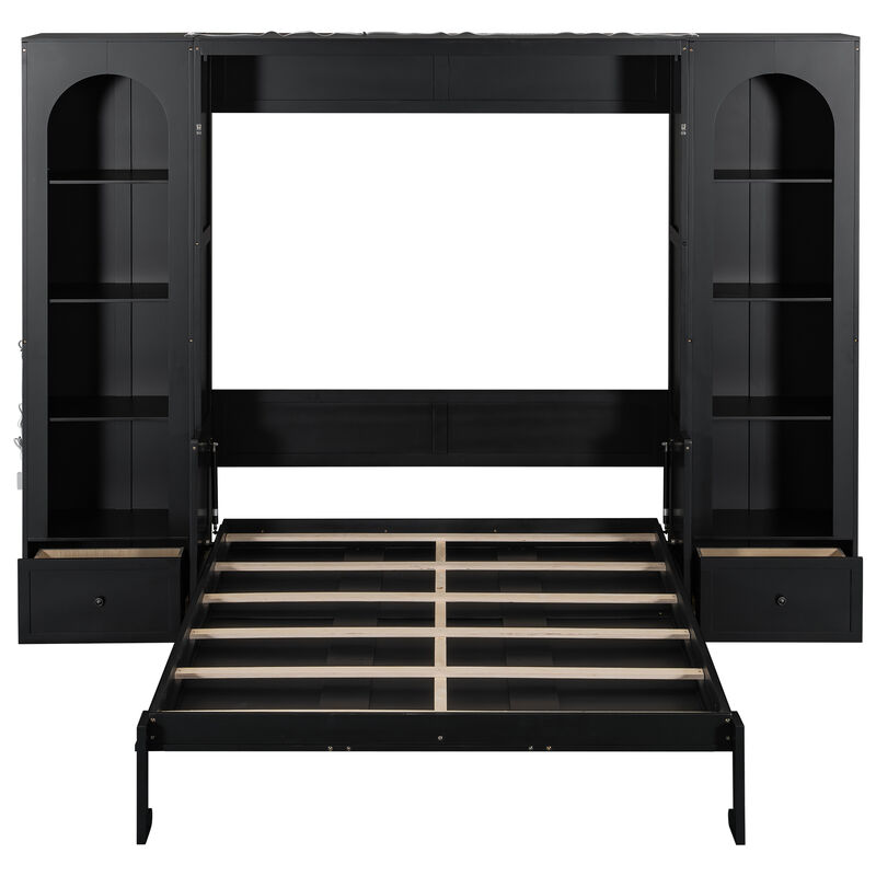 Merax Bed with Shelf, Side Cabinets, Drawers and LED