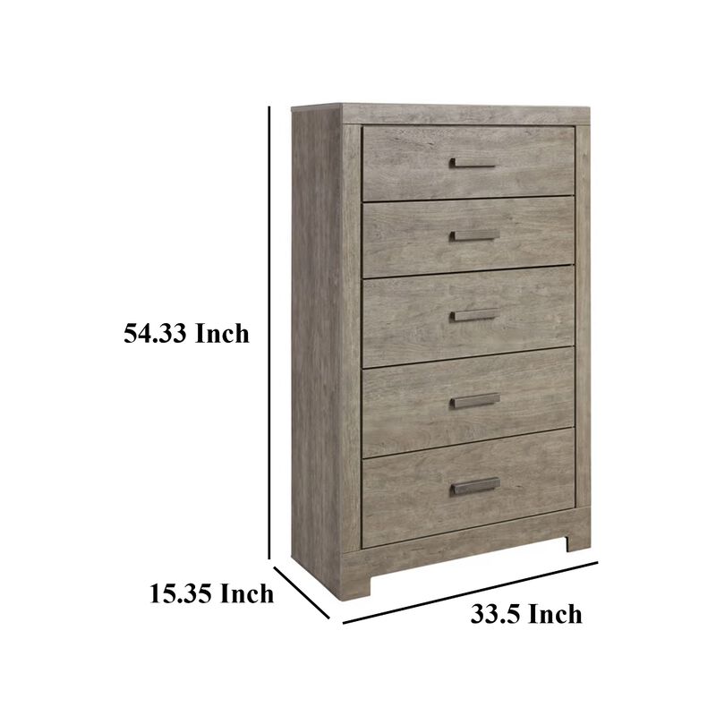 Kulv Tall Dresser Chest, 5 Storage Drawers, Modern Taupe Gray Laminate - Benzara