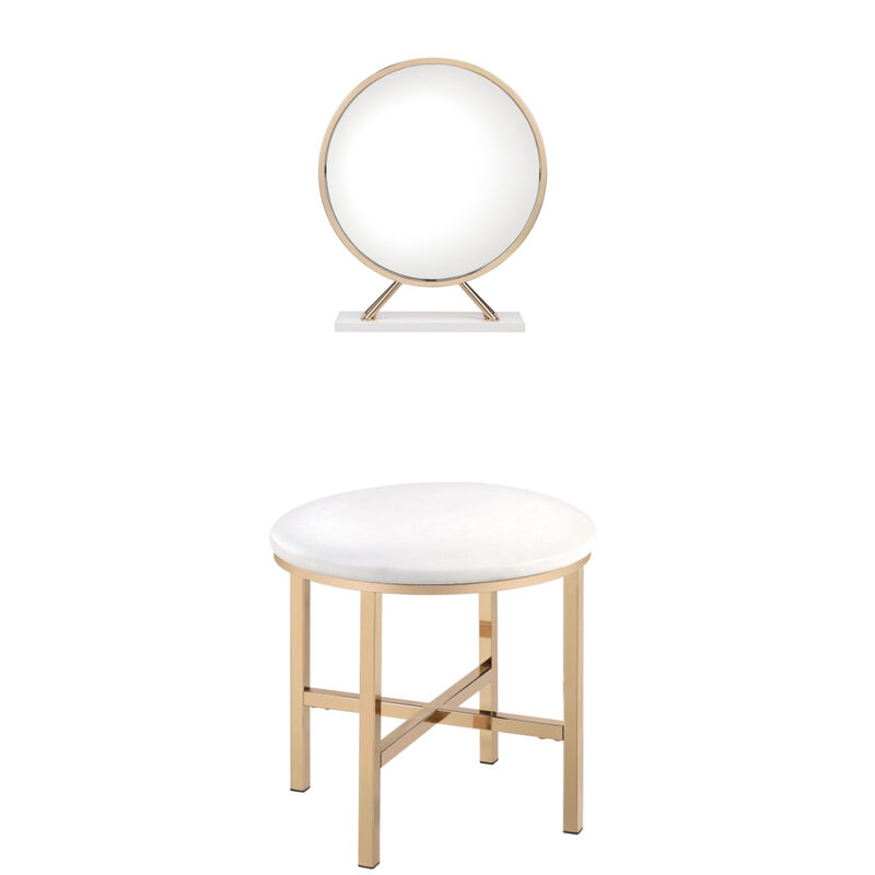 HomeRoots Set of Two Gold Metal And Faux Leather Round Freestanding Makeup Mirror And Stool image number 2