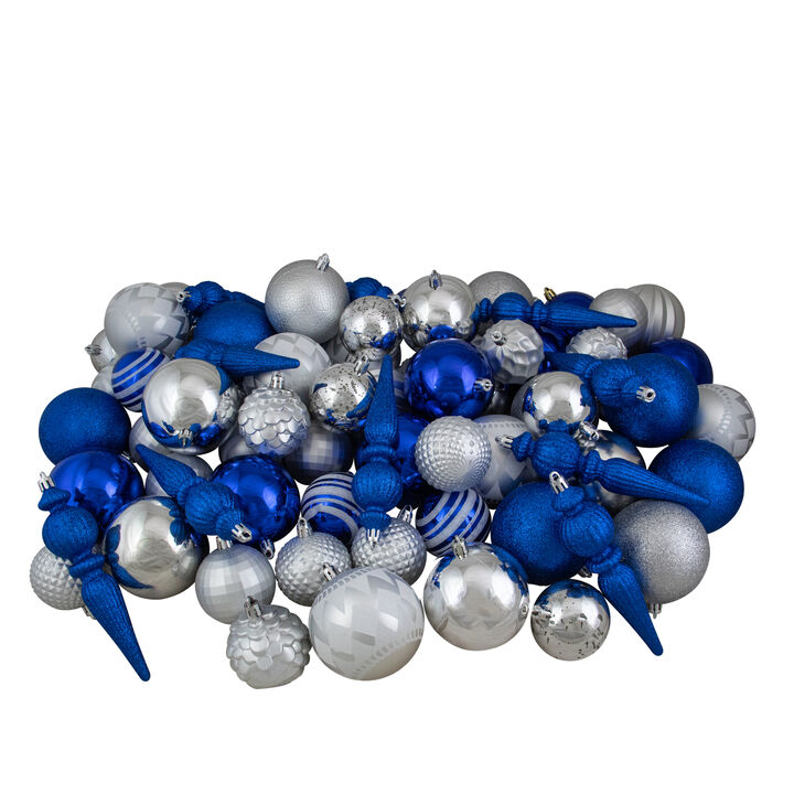 75ct Blue and Silver Shatterproof 3-Finish Christmas Ball Ornaments