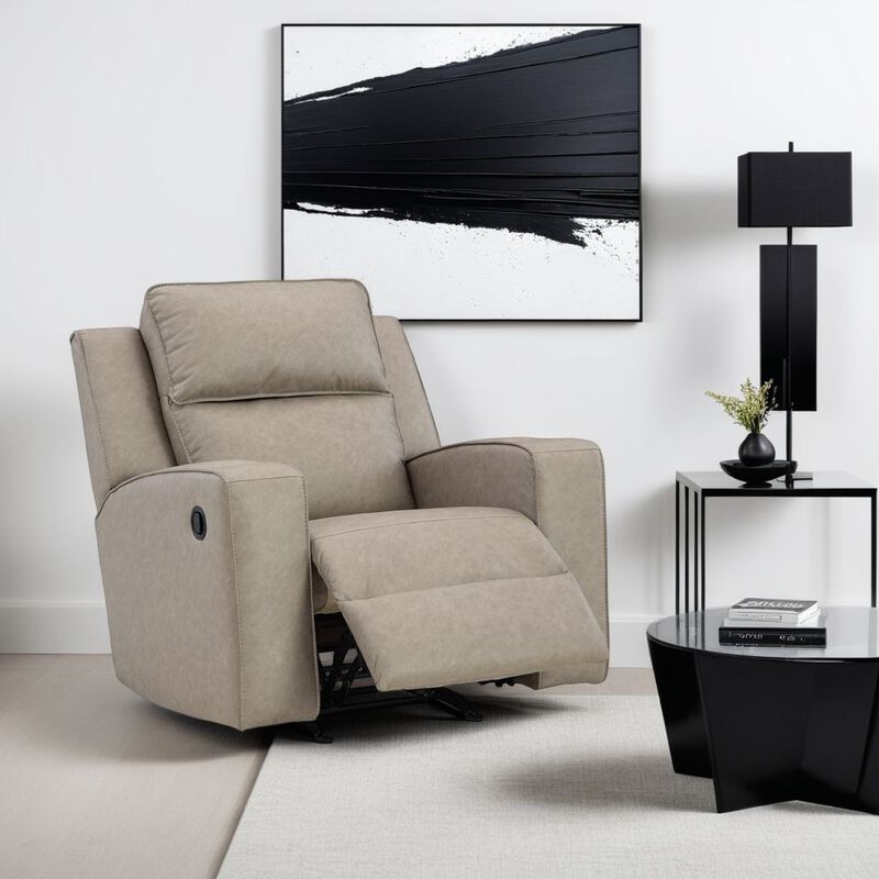 Livie Manual Rocker Recliner Chair, Cupholder, Beige Gray Faux Leather - Benzara
