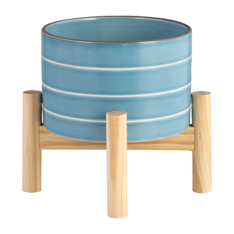 Striped Planter W/ Wood Stand image number 2