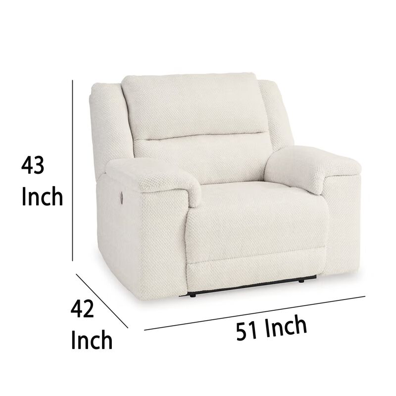 Dino Power Recliner Chair USB Ports and Block Arms, White Polyester - Benzara