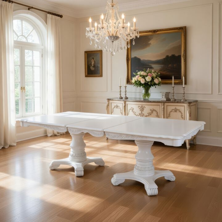 Zenie Dining Table, Extension Leaf, 77-95 Inch, Classic White Solid Wood