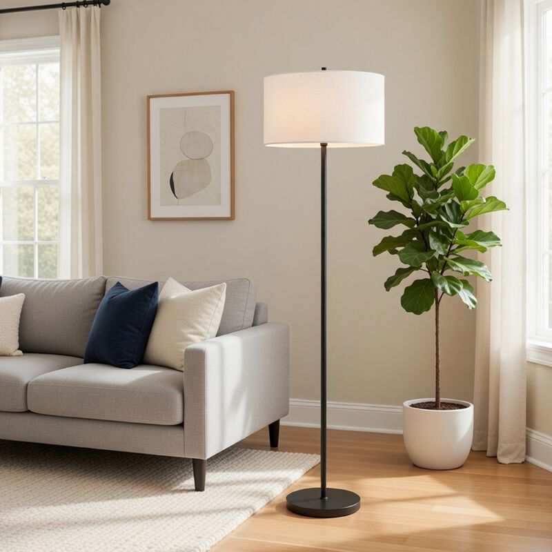 Avira 61 Inch Floor Lamp, String Pattern White Fabric Shade, Black Metal image number 1