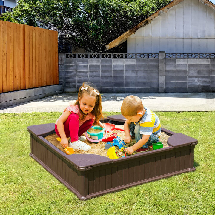 Square Sandbox with Cover &ndash; HDPE Outdoor Sand Pit with Seating for 4 Kids & Bottom Liner, Perfect for Backyard Play Ages 3&ndash;12