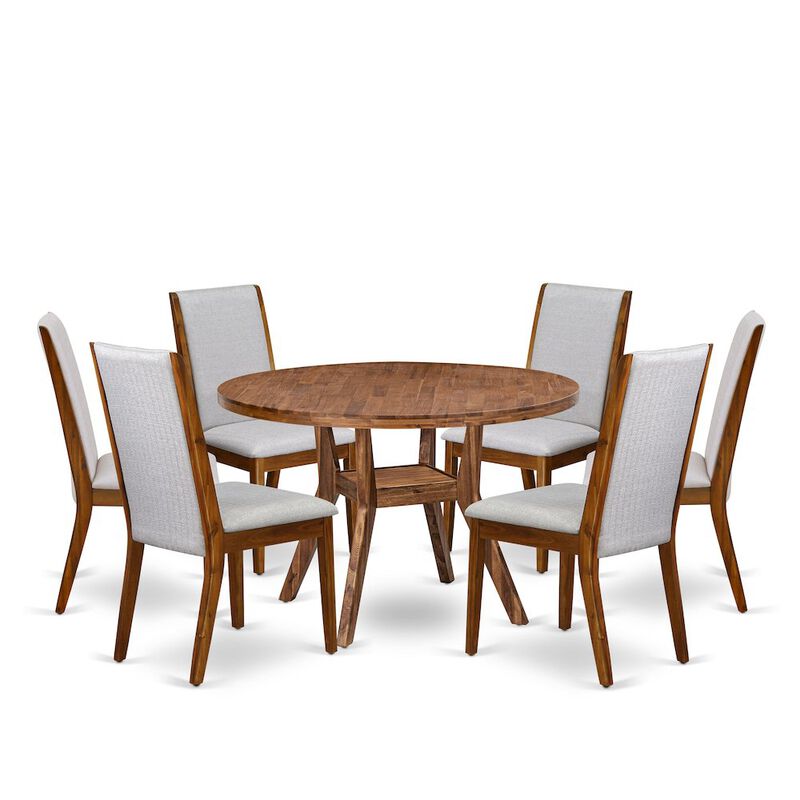 7-Pc Modern Dining Set Of A Pedestal Dinner Table, 6 Grey Fabric Dinner Chairs