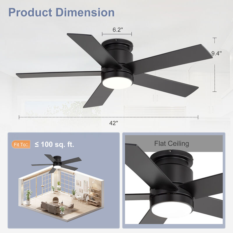 Breezary 42 in Low Profile Ceiling Fan with Light, 5 Blades, Quiet Reversible DC Motor, Remote Control, 6 Speeds image number 5