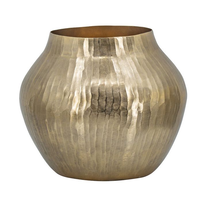 Kria 13 Inch Modern Vase, Curved Shape, Hammered Texture, Gold Metal Finish - Benzara
