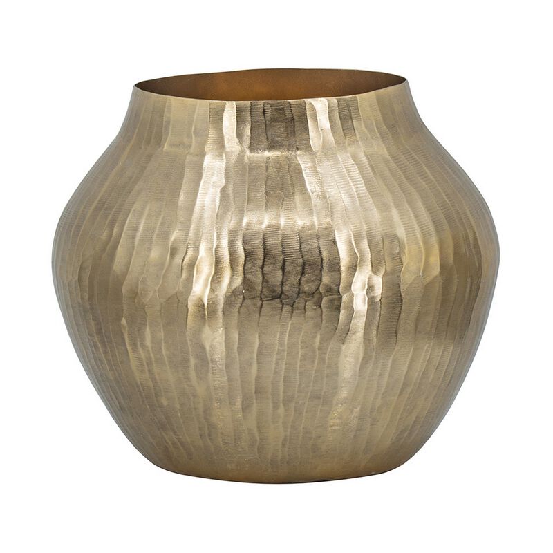 Kria 13 Inch Modern Vase, Curved Shape, Hammered Texture, Gold Metal Finish - Benzara