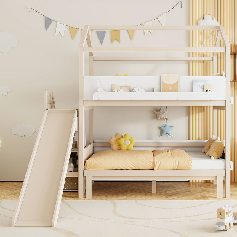 Merax Twin Over Twin/Full House Bunk Bed with Slide & Storage Guardrails image number 3