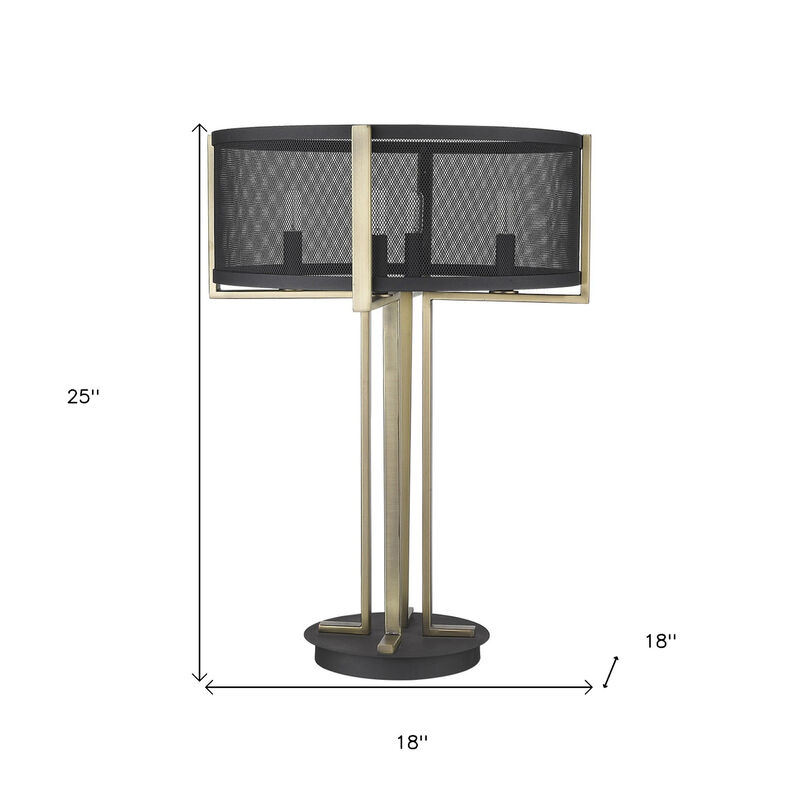 Hivvago 25" Brass Metal Four Light Geometric Table Lamp With Black Drum Shade