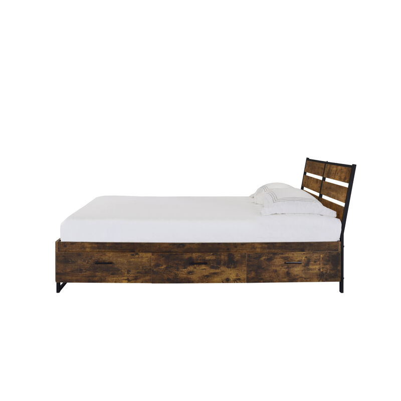 Juvanth Queen Bed W/Storage in Rustic Oak & Black Finish