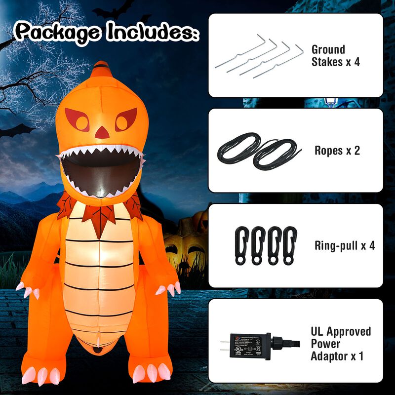 8 Feet Halloween Inflatable Pumpkin Head Dinosaur with LED Lights and 4 Stakes