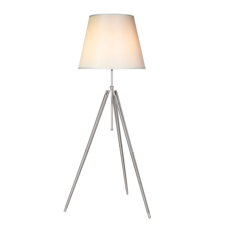 66 Inch Floor Lamp with White Drum Shade, Modern Chrome Metal Tripod Base - Benzara