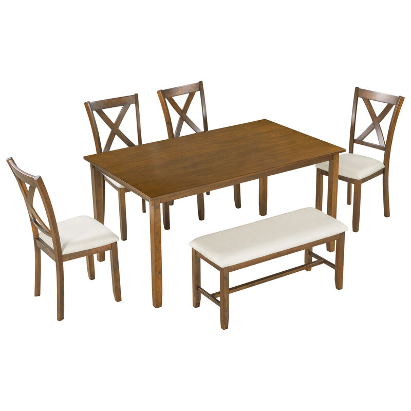 Merax 6-Piece Kitchen Dining Table Set Wooden Rectangular Dining Table, 4 Fabric Chairs and Bench Family Furniture