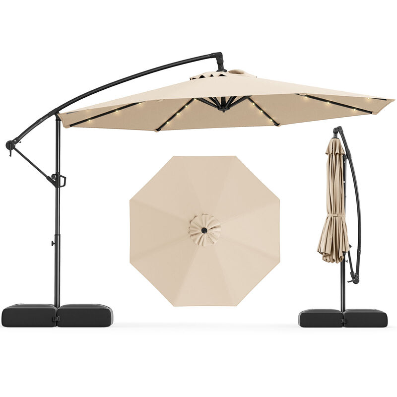 Solar Offset Umbrella with 32 LED Lights &ndash; Hanging Patio Shade with Base