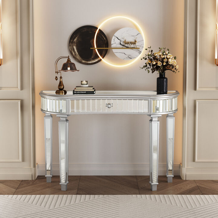 Merax Half-Moon Mirrored Console Table - Fluted Glass & Crystal Knob Drawer