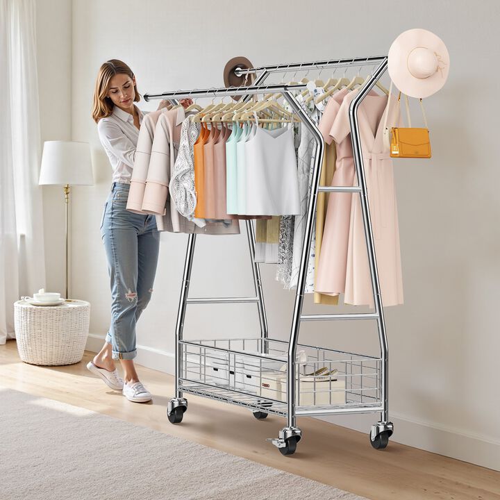Heavy Duty Clothes Rack with Wheels Double Rods and Storage Basket
