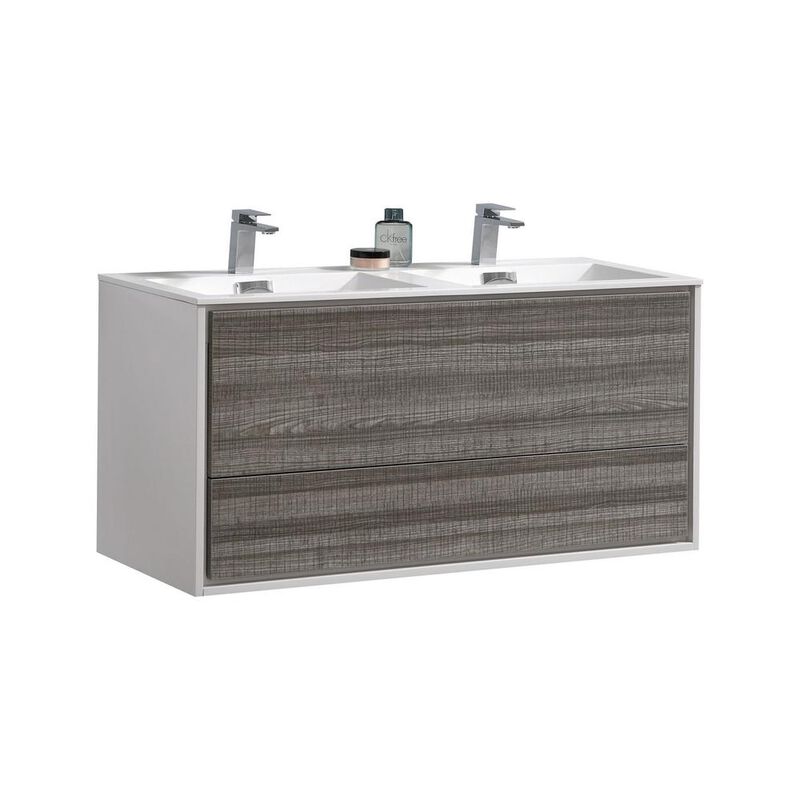 Kubebath DeLusso 48 Double Sink  Ash Gray Wall Mount Modern Bathroom Vanity