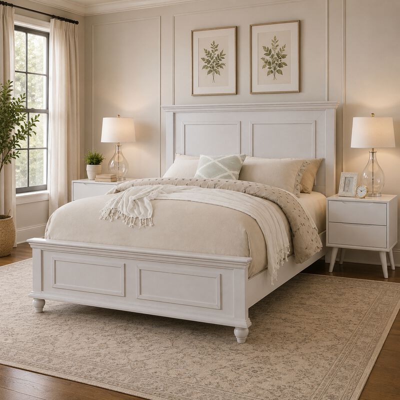 King Bedroom Set, White Wood, 3 Piece Set with 2 Nightstands image number 8