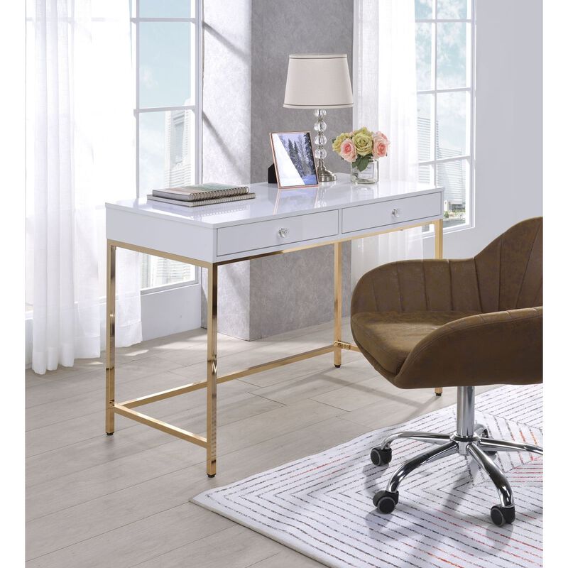 Ottey Vanity Desk in White High Gloss & Gold Finish AC00899