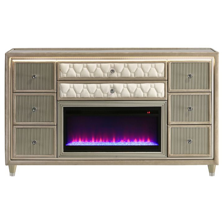 Maren Wide Dresser, 8 Drawers, LED Flame box, Velvet