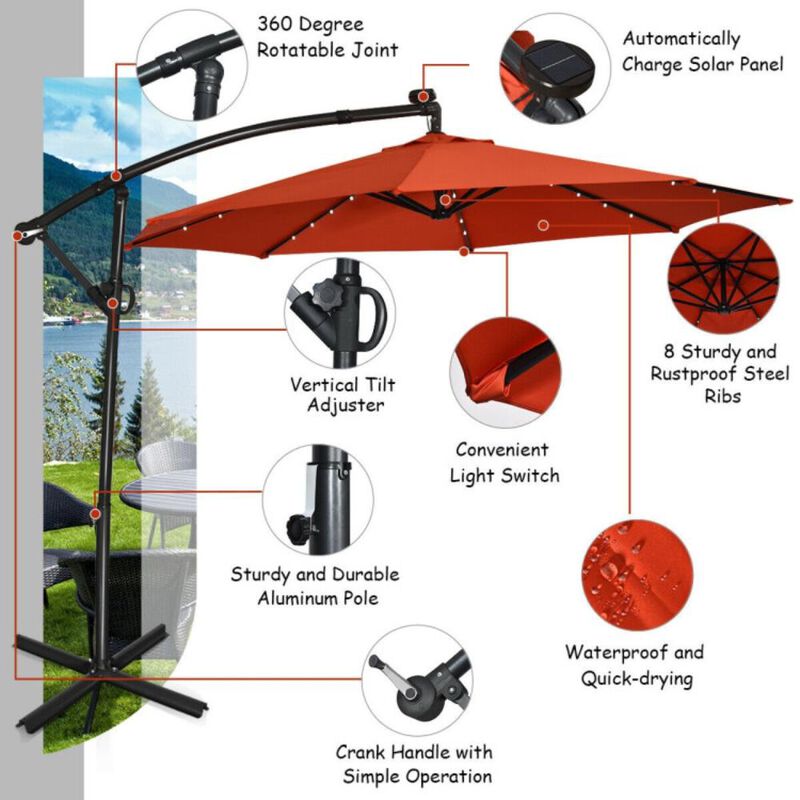 Hivvago 10 Feet 360&deg; Rotation Solar Powered LED Patio Offset Umbrella without Weight Base