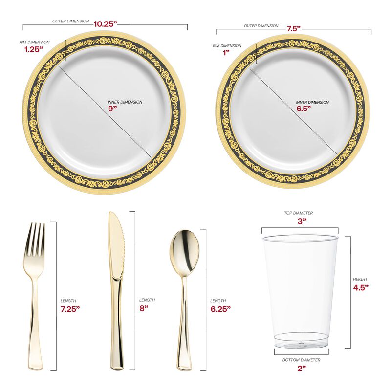 White with Black and Gold Royal Rim Plastic Wedding Value Set (30 Sets) image number 2