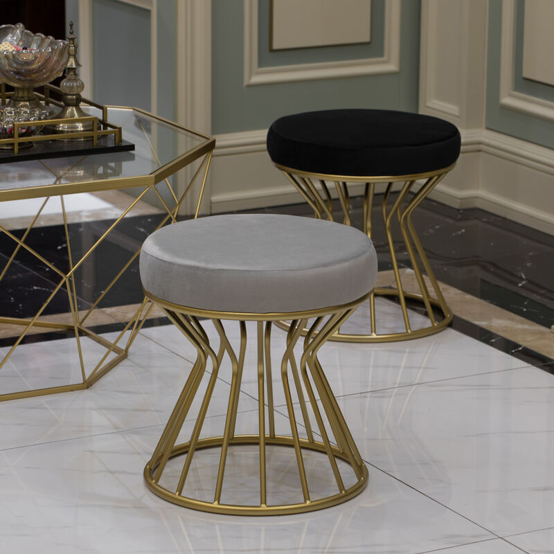 Modern Round Velvet Stool with Bent Gold Metal Base Standard Ottoman, Grey