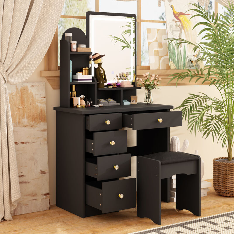 5-Drawers  Makeup Vanity Sets Dressing Table Sets With Stool, Mirror, LED Light and 3-Tier Storage Shelves