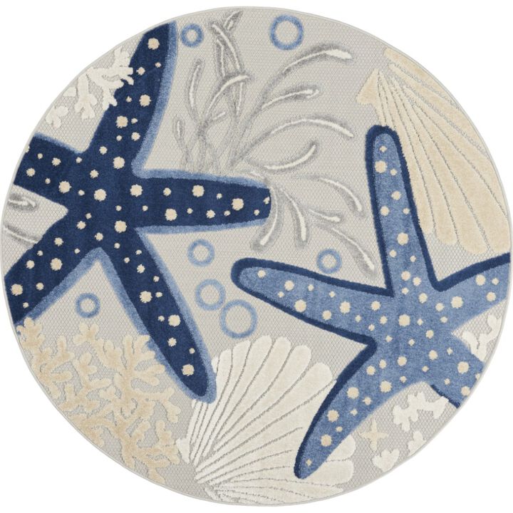 HomeRoots 4' Navy Blue And Gray Round Starfish Indoor Outdoor Area Rug
