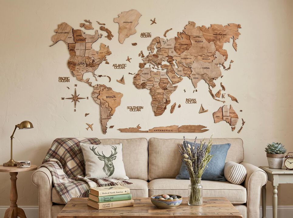 HomeRoots 35" X 59" Wood Brown Wood World Map Hanging Dimensional Sculpture