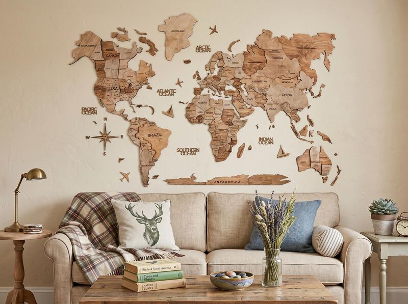 HomeRoots 35" X 59" Wood Brown Wood World Map Hanging Dimensional Sculpture image number 1